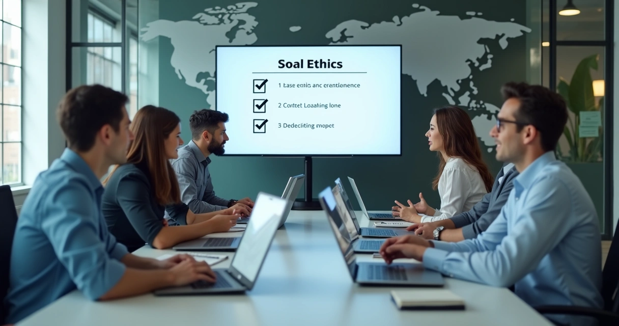 International team discussing ethics in a meeting room