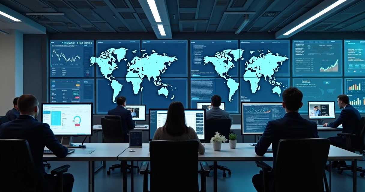 Business team with laptops and charts in international setting 