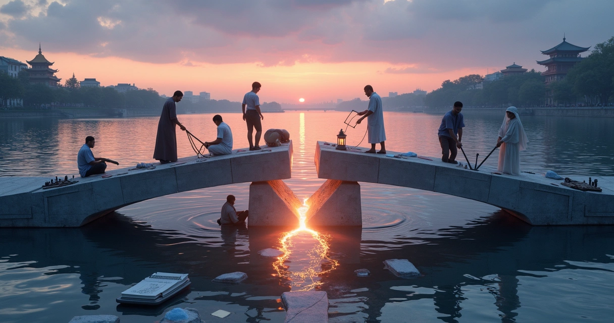 Diverse group repairing a glowing bridge over a river at dusk 