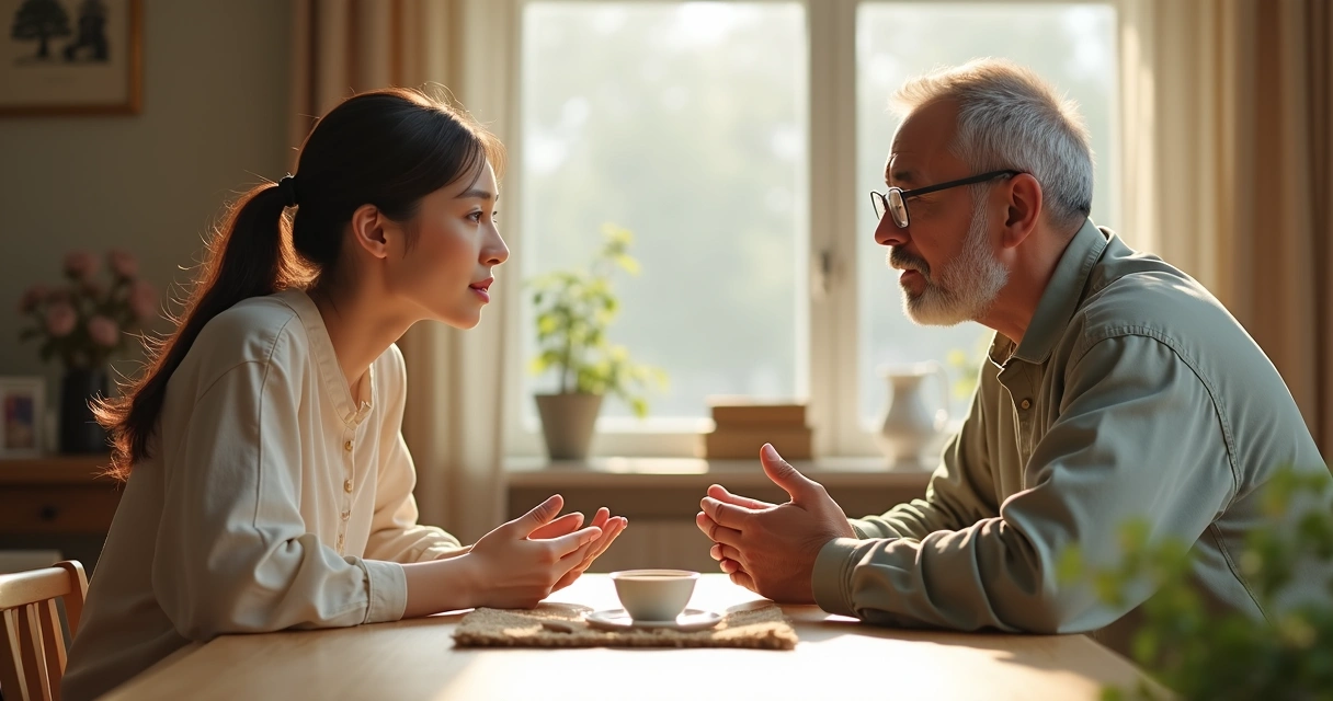 Two people from different cultural backgrounds having a respectful conversation at a table, with hands gesturing openly. 
