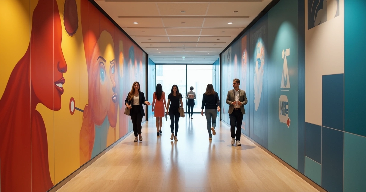 Collaborators walking past contrasting emotional murals in office hallway 