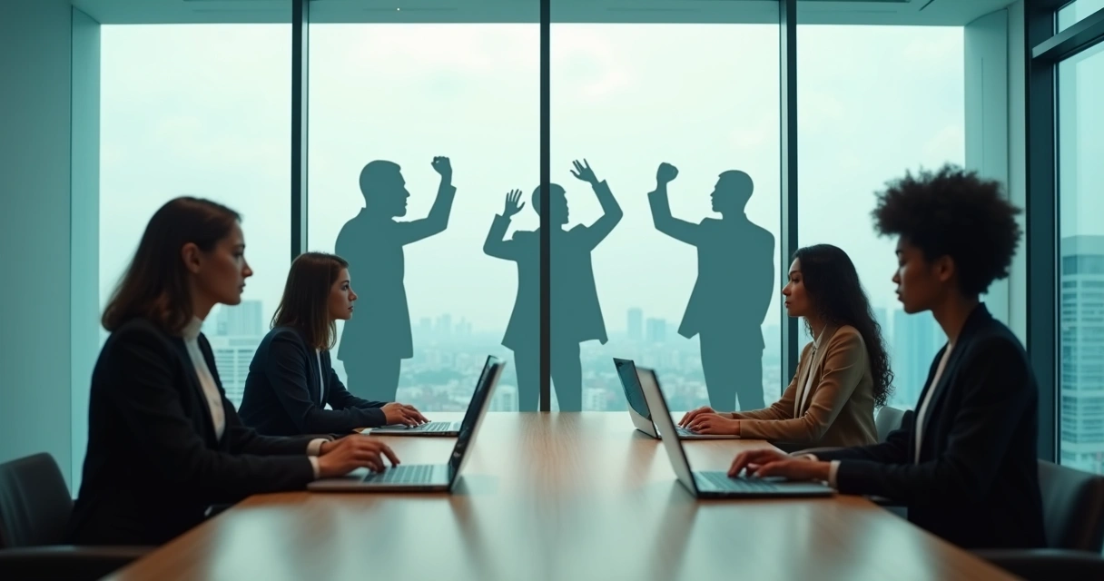 Cross-cultural team in meeting where shadows on glass wall reveal hidden tension 