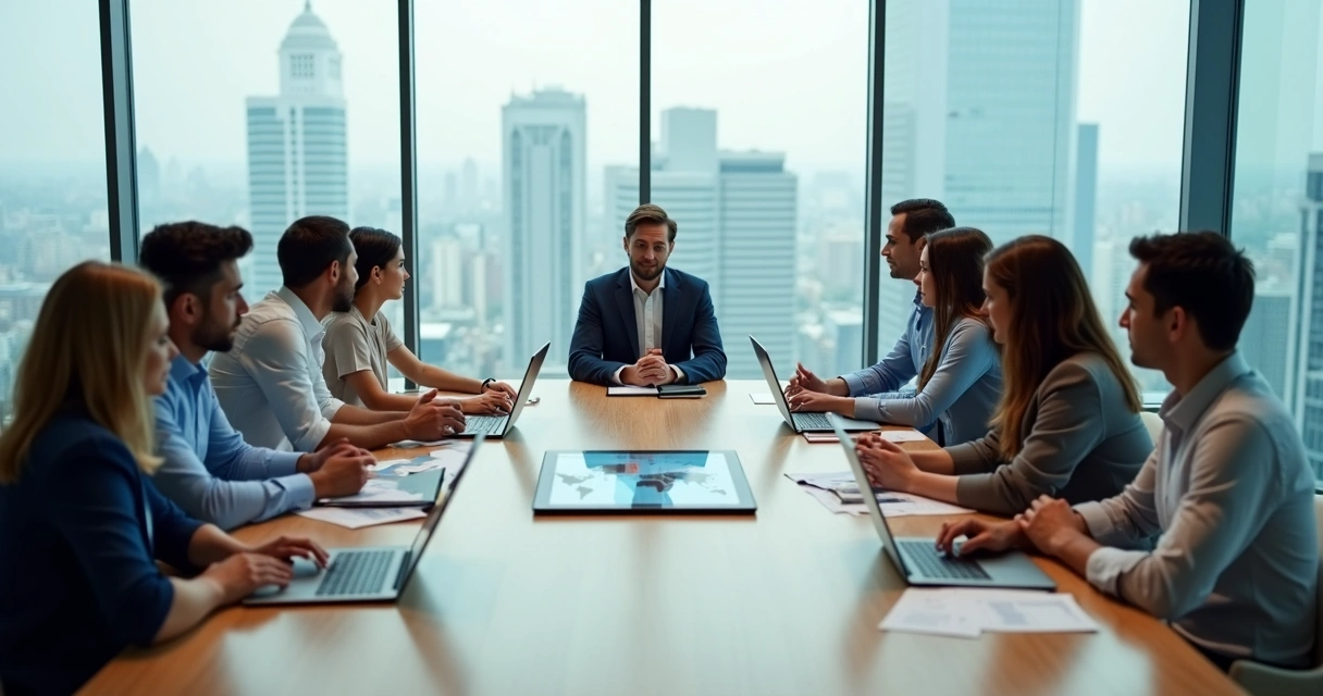 Diverse team in meeting split by subtle tension at conference table 
