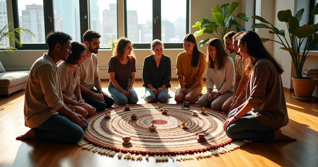Multicultural colleagues standing in a circle placing colorful tokens on a shared mandala rug 