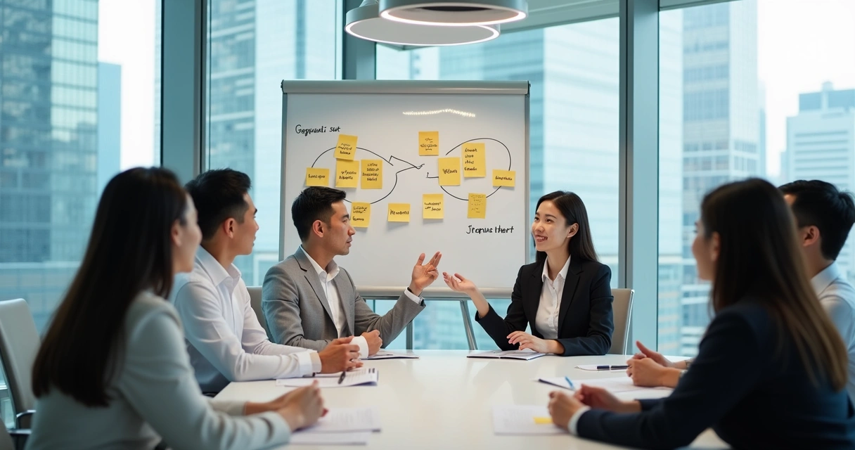 Cross-cultural workshop with Chinese and Gulf businesspeople discussing hiring