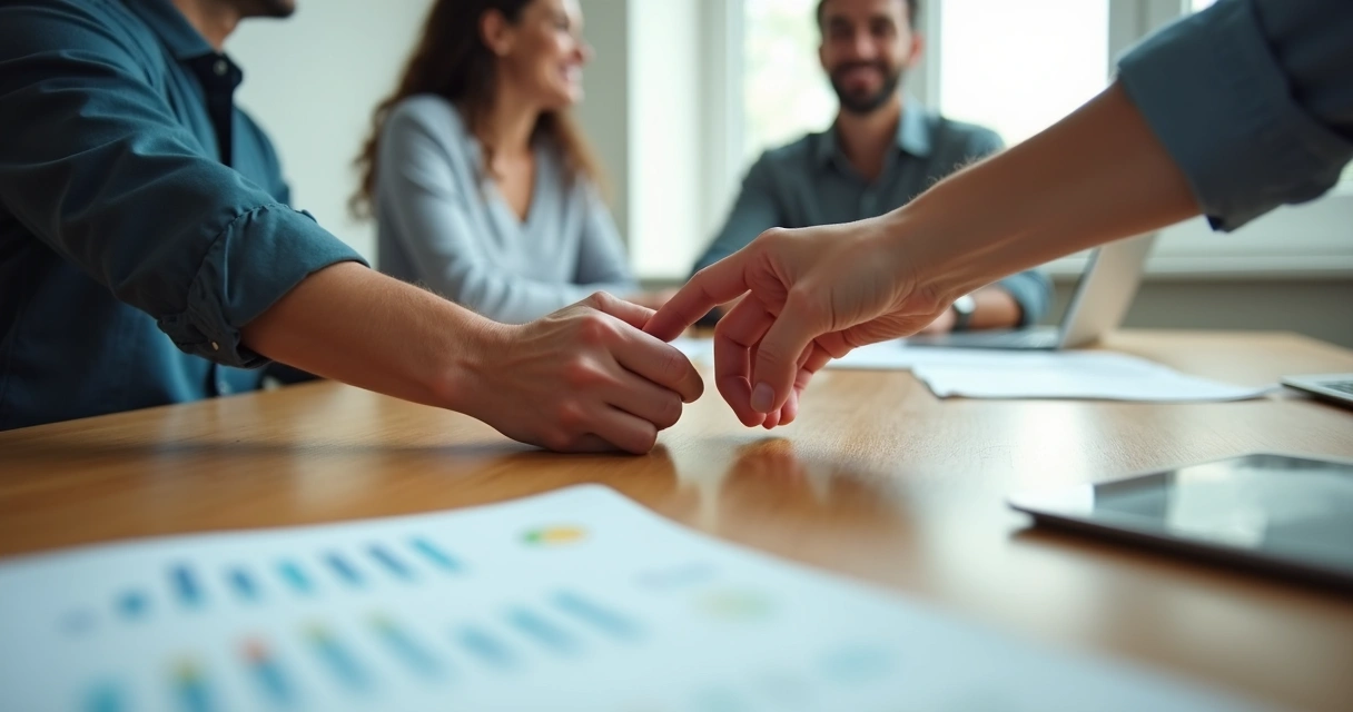 Hands of two office workers reaching across a table, symbolizing collaboration