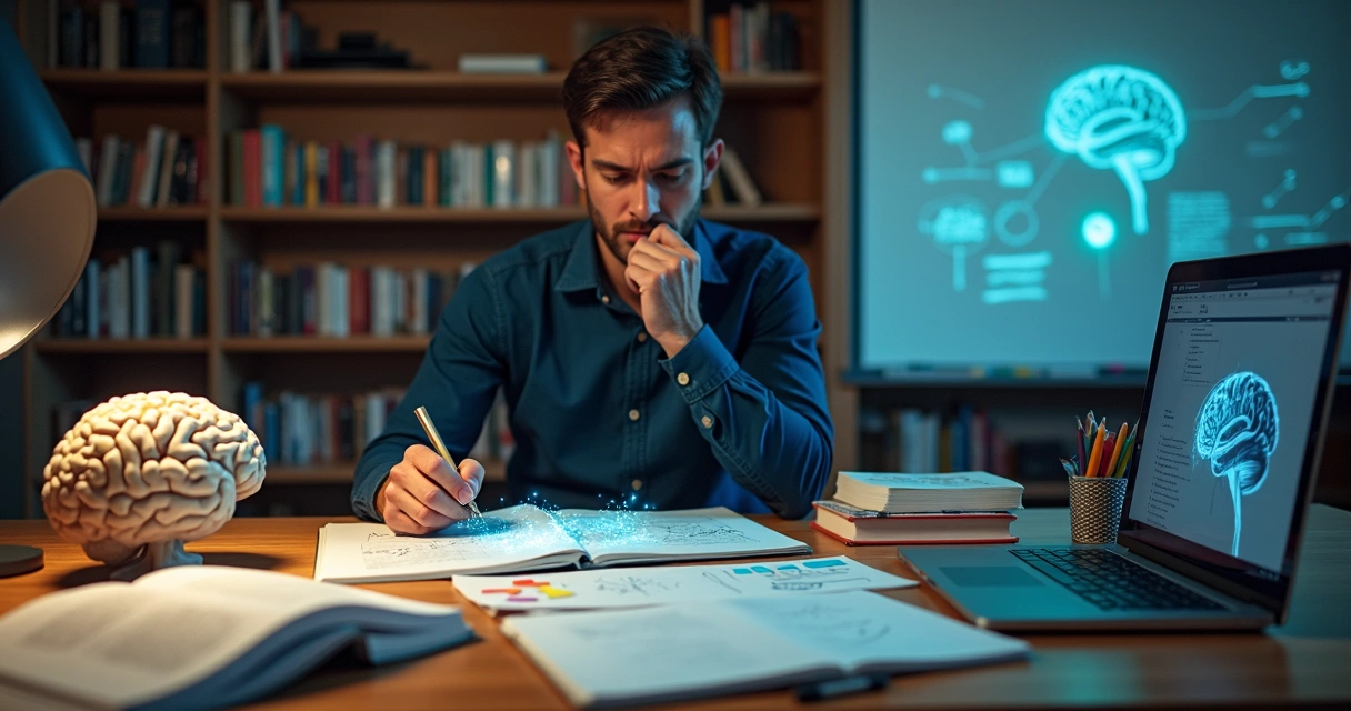 Researcher at large desk connecting brain diagram, philosophy books and data charts 