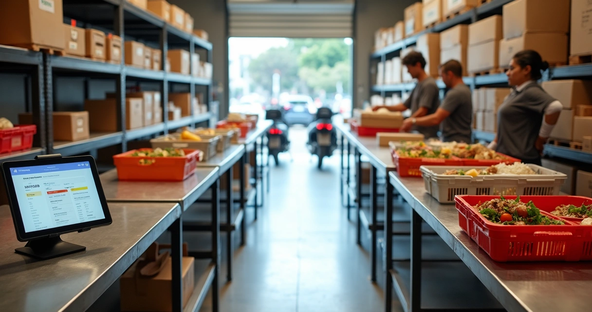 Área de cross-docking com bancadas organizando pedidos de food service 