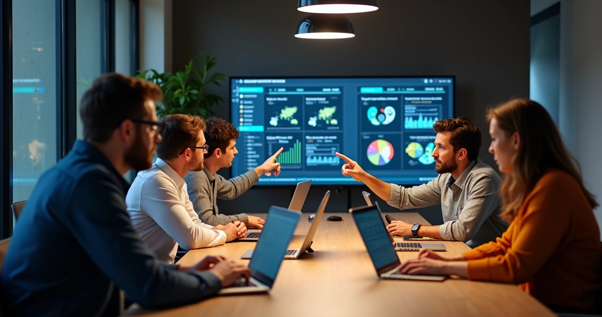 Cross-functional DevOps team having a meeting with project diagrams and laptops open 