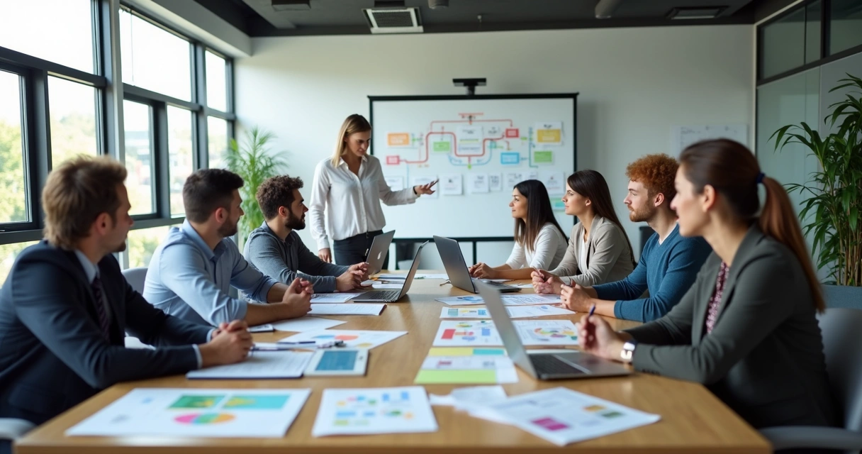 Cross-functional team members having a group discussion around a large table 