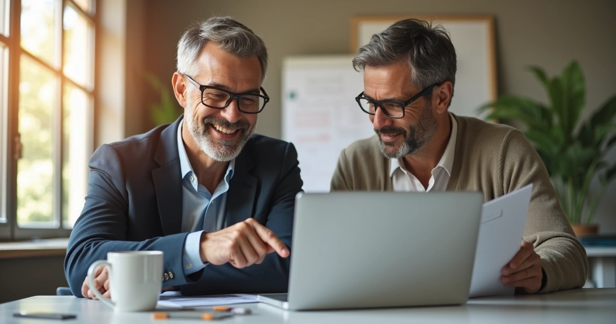Two coworkers sharing knowledge at a desk