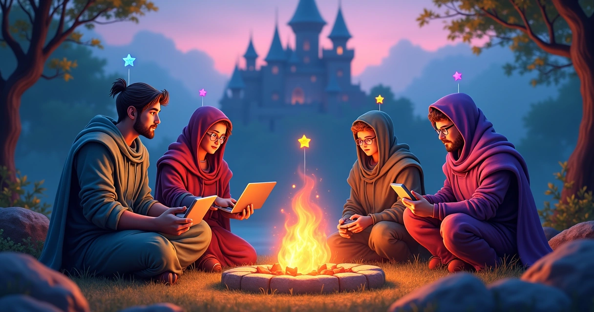 Players interacting in a fantasy MMO world from different devices 