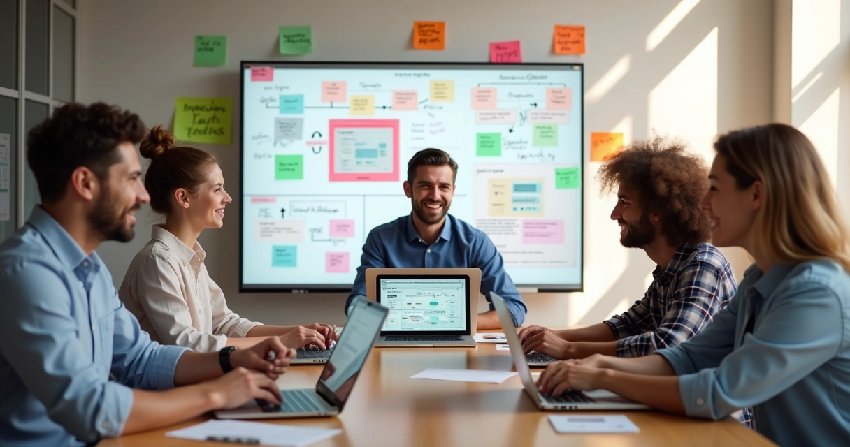 Developers working together around laptops and tablets coding cross-platform app
