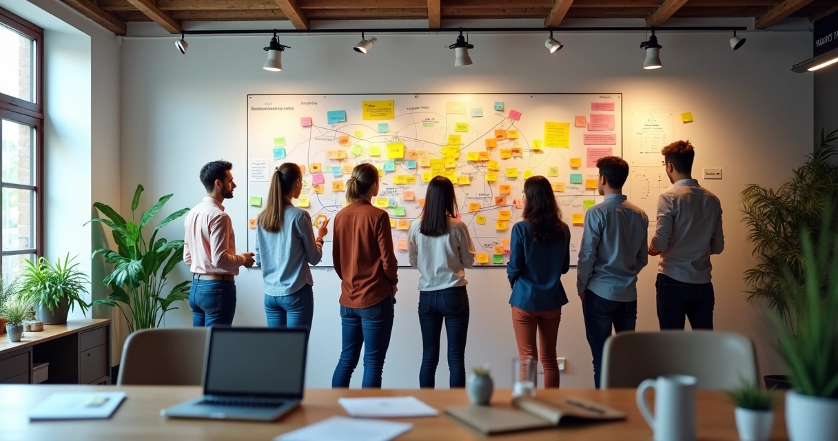 Equipe de agência digital analisando oportunidades de cross-sell em gráficos na parede 