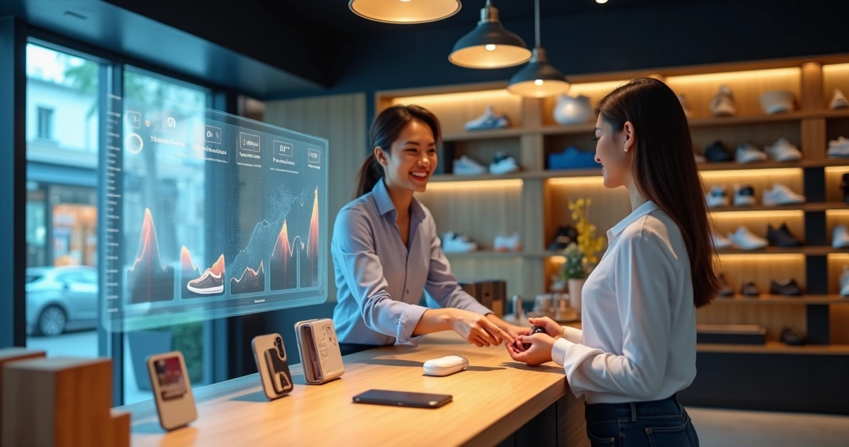 Vendedor sugerindo produtos complementares para cliente em loja com gráfico de vendas em destaque 