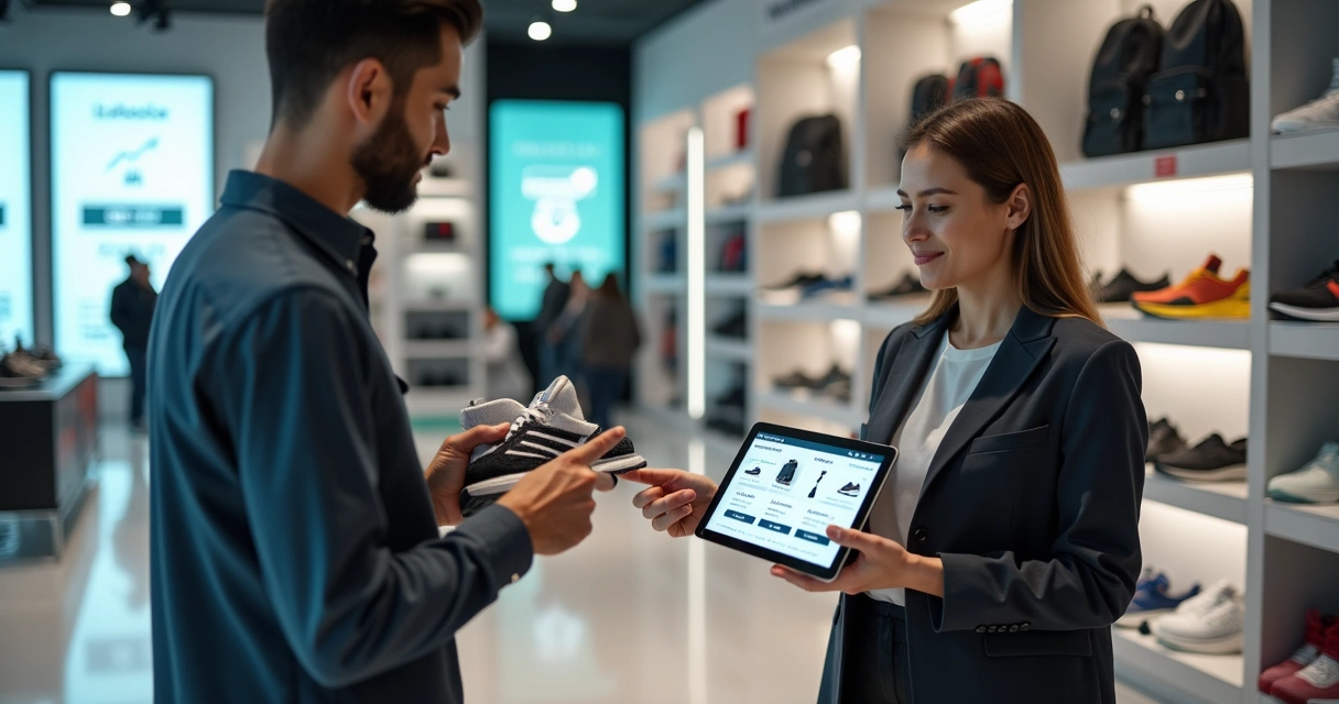 Vendedora mostra oferta de produtos complementares em tablet para cliente em loja física 