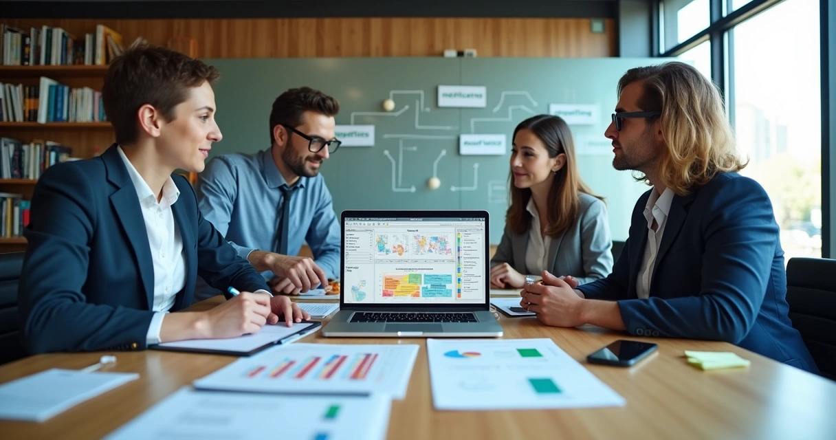 Equipe de contabilidade analisando dados de clientes para oportunidades de cross-selling 