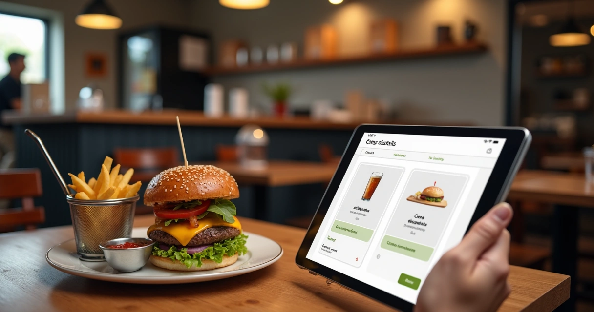 Garçom sugerindo acompanhamento extra em pedido de delivery em tablet 