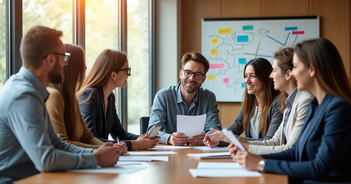 Colleagues from different departments discussing ideas around a table 