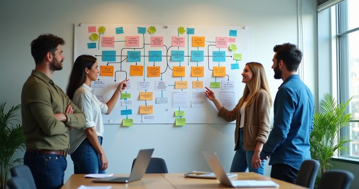 Workflow map on a wall with notes connecting multiple teams 
