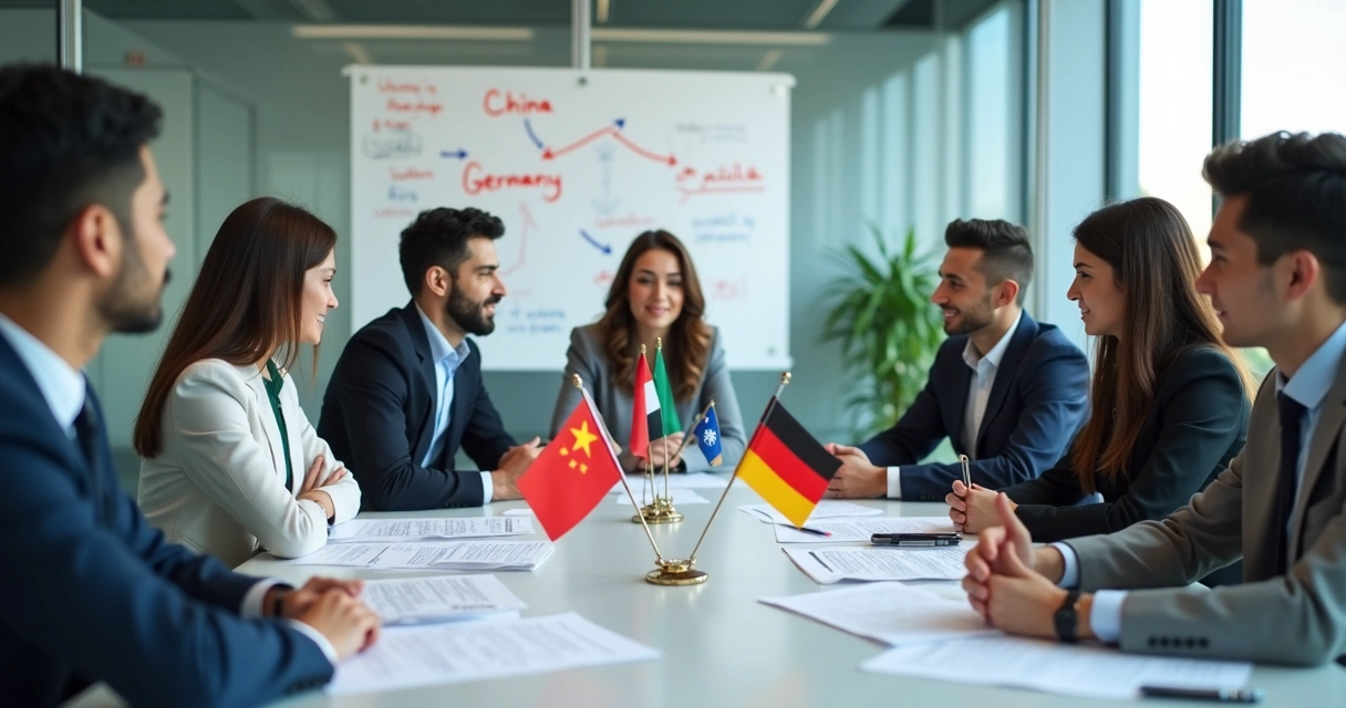 Team setting up international company formation documents with diverse flags