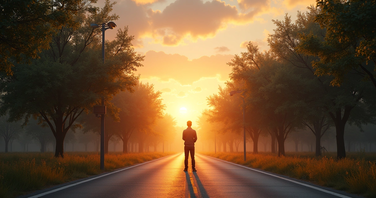 Person standing at a quiet crossroads at sunset