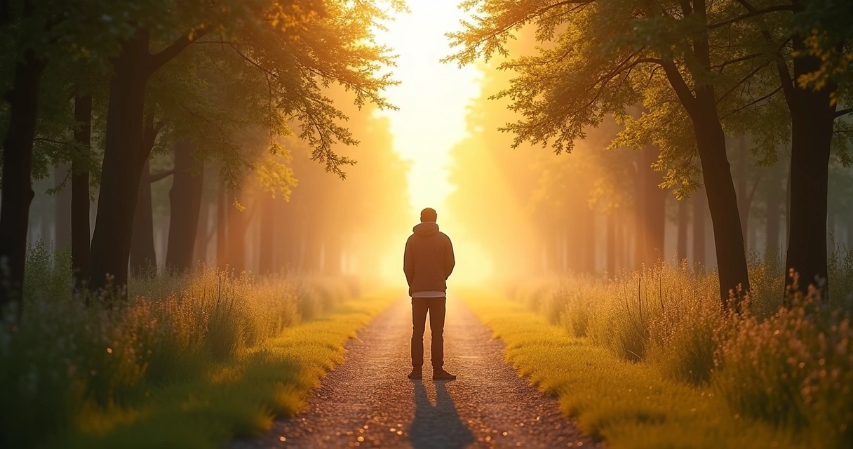 Person standing at a crossroads path in morning light