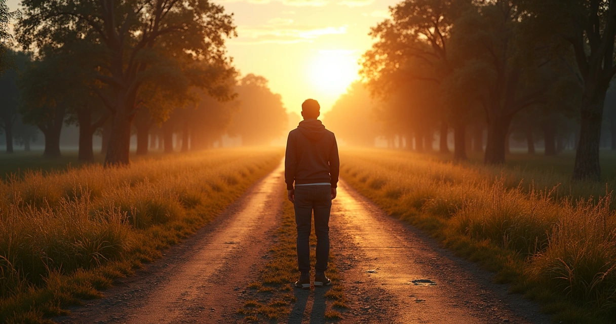 Person standing at a crossroads facing two marked paths 