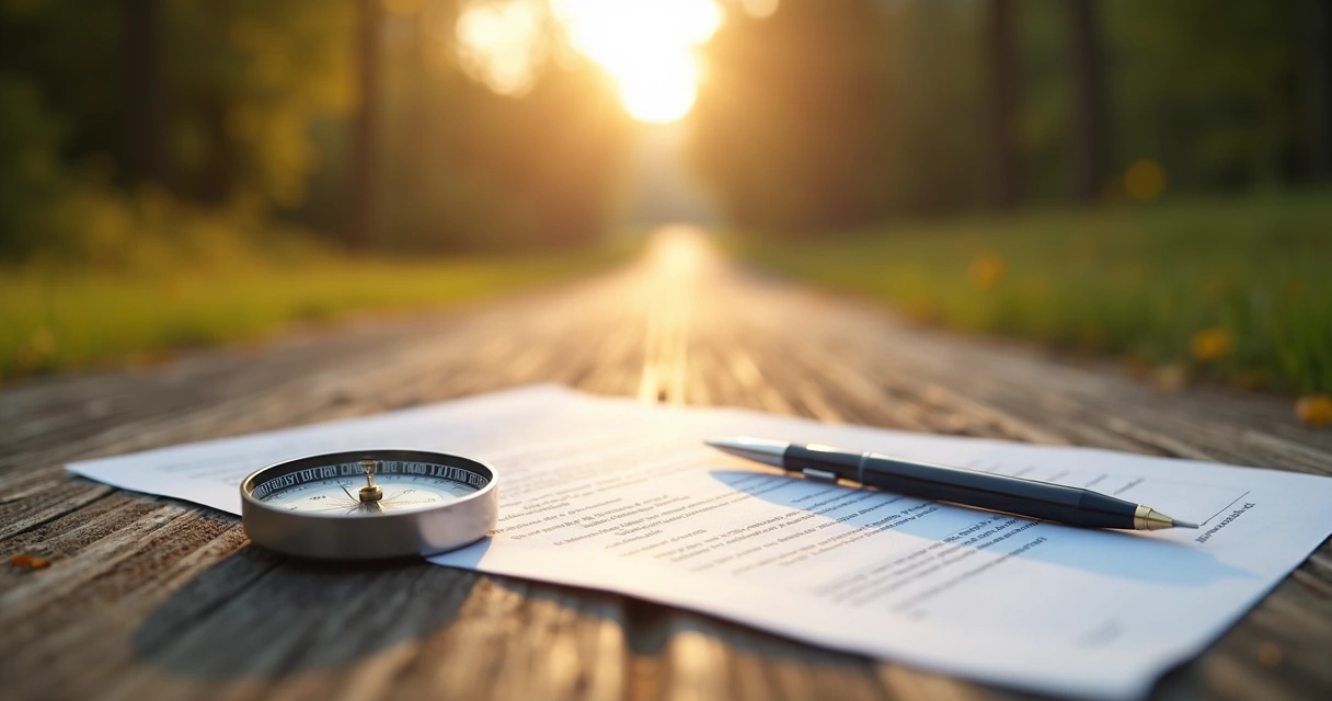 Contract and compass placed at a crossroads symbolizing ethical choices in business