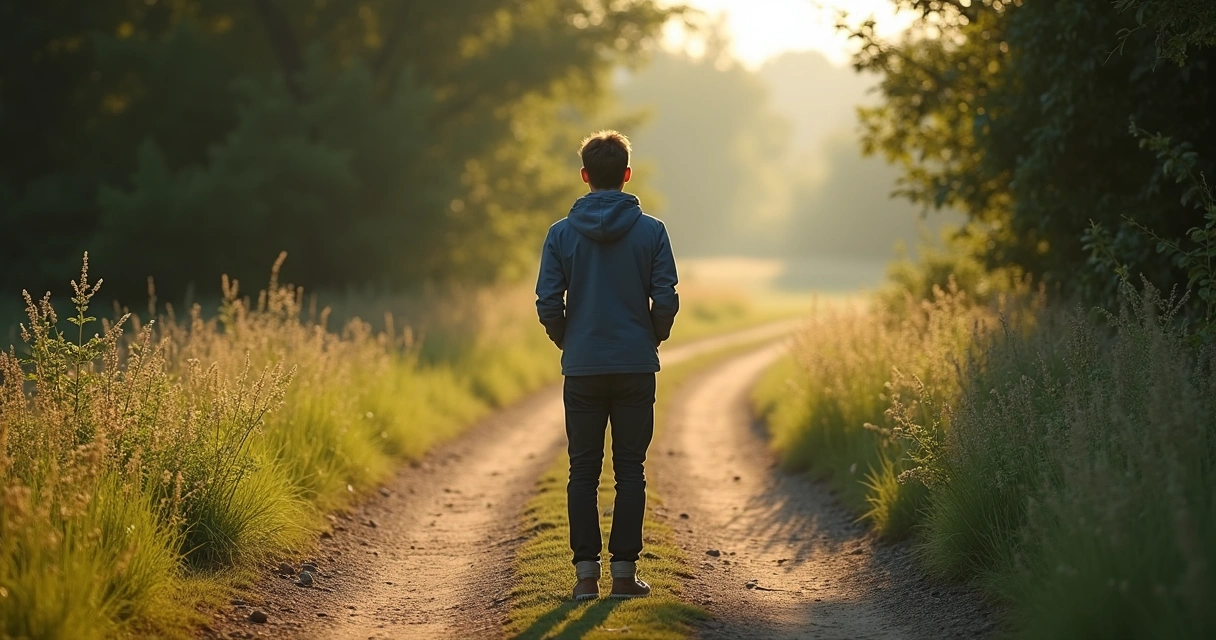 Person standing at a crossroads path in soft morning light 