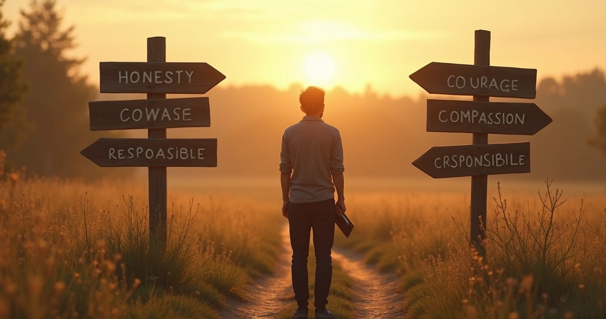 Person standing at a crossroads with signposts named after values