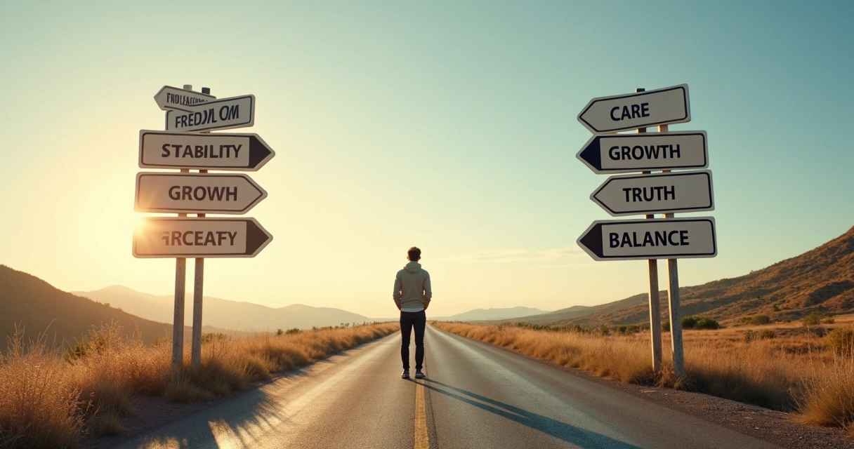 Road signs at a crossroads with words pointing in different directions 