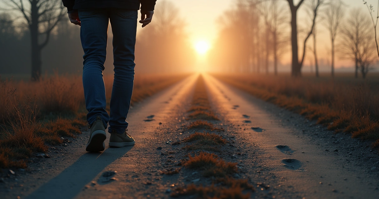 Footsteps approaching a crossroads at dusk