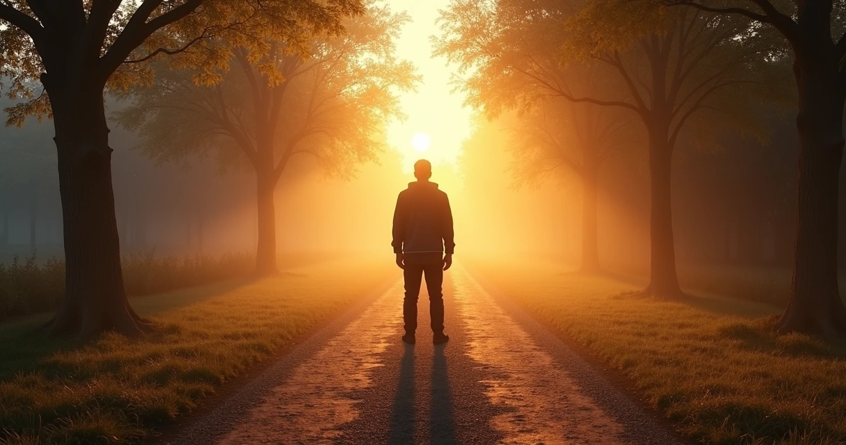 Person standing still at a crossroads between two paths 