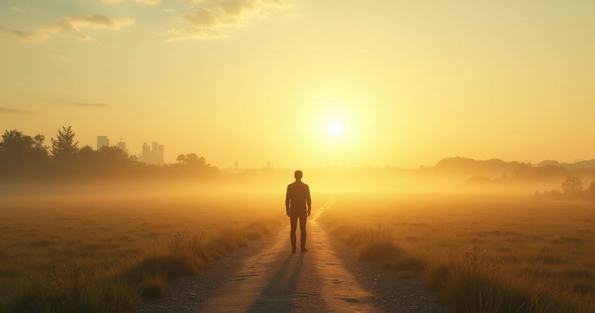 Person standing at a crossroads in early morning light