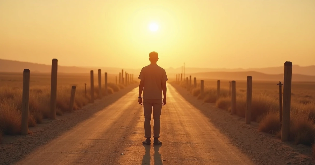 Person standing at a crossroads with two different paths at sunrise
