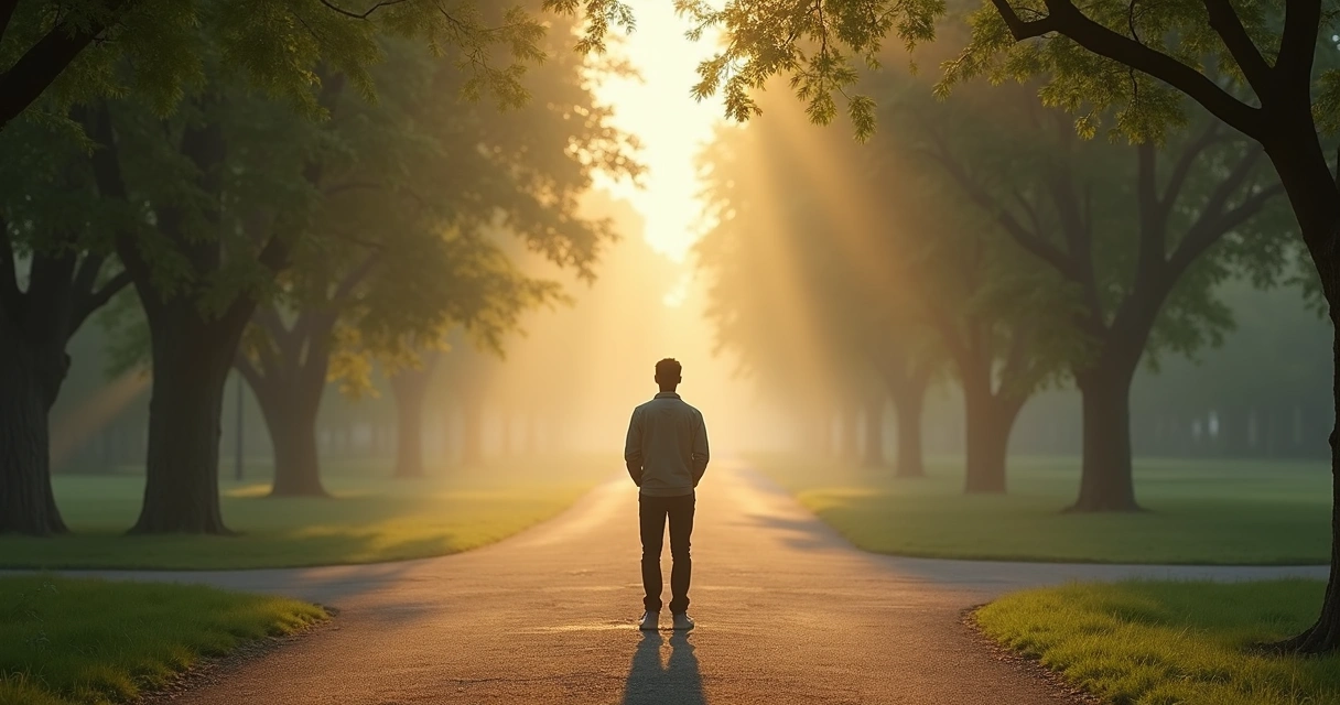 Person standing at a crossroads in soft morning light 