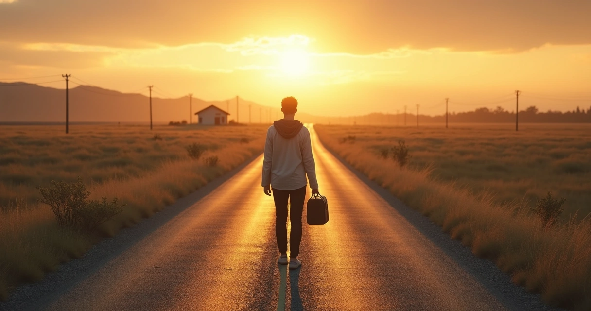 Person at a crossroads with symbolic paths of life choices 