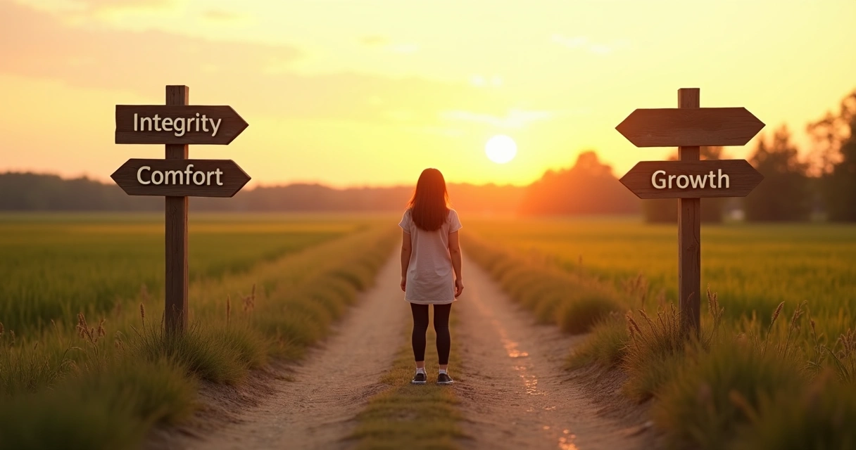 Person standing at a crossroads with signs for values and choices