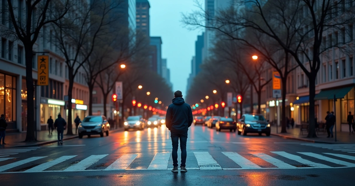 Person standing at a city crossroads at dusk looking ahead