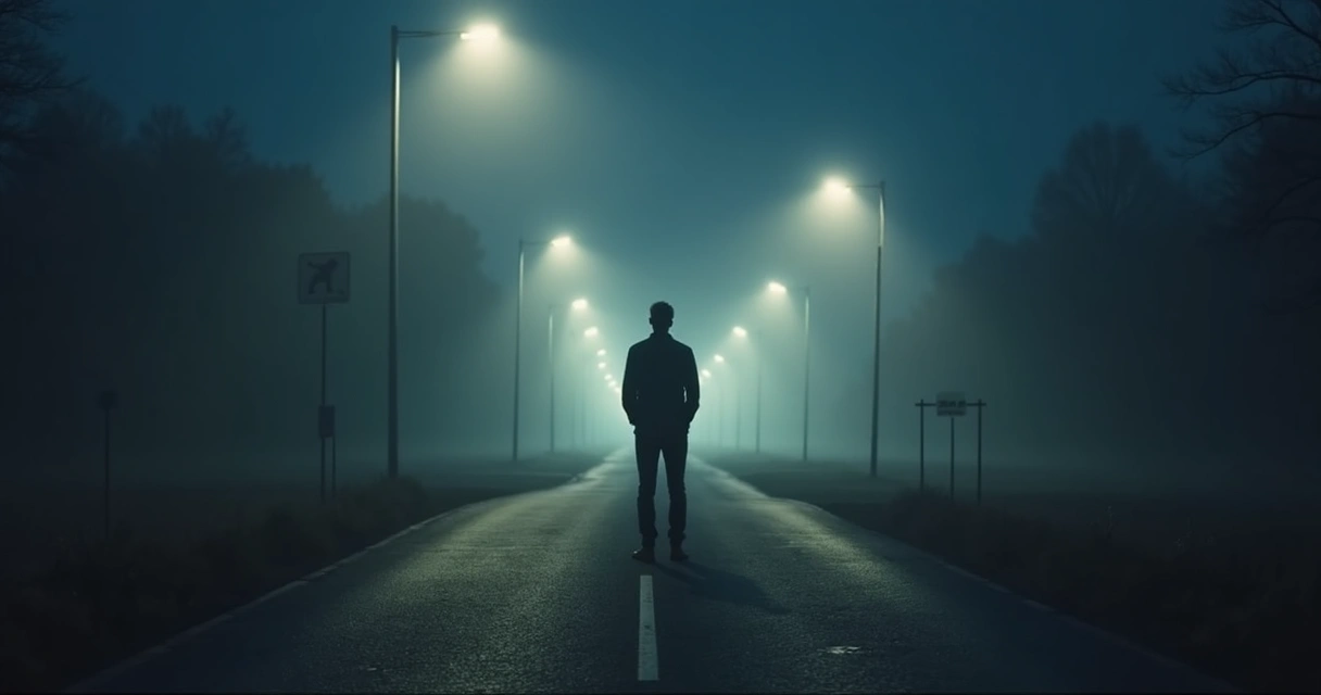 Person standing at a lit crossroads at night 