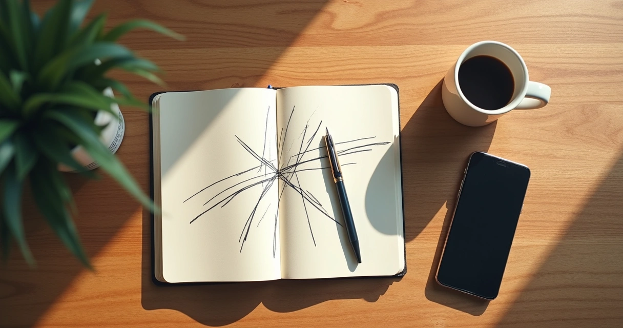 Notebook and coffee on a table beside a crossroads sketch