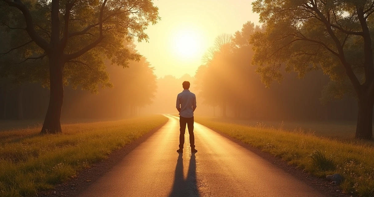Person standing at a quiet crossroads at sunrise 