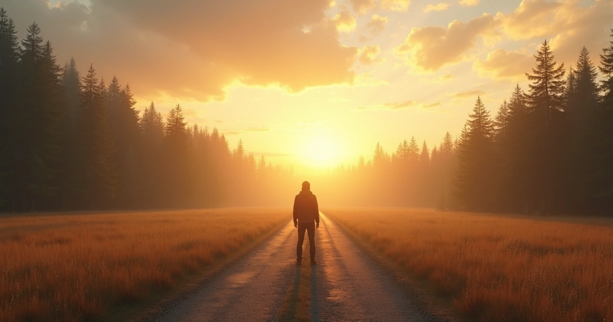 Person standing at a crossroads facing two paths in soft light