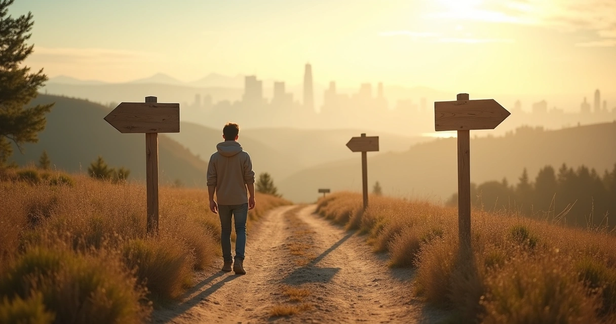 Person standing at a crossroads with directional paths