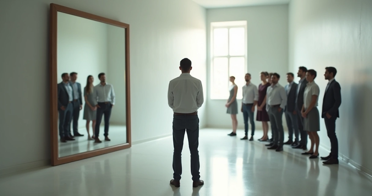 Person standing between a mirror and a crowd in a quiet room