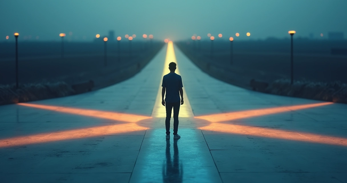 Person standing at a glowing crossroads casting multiple layered shadows 