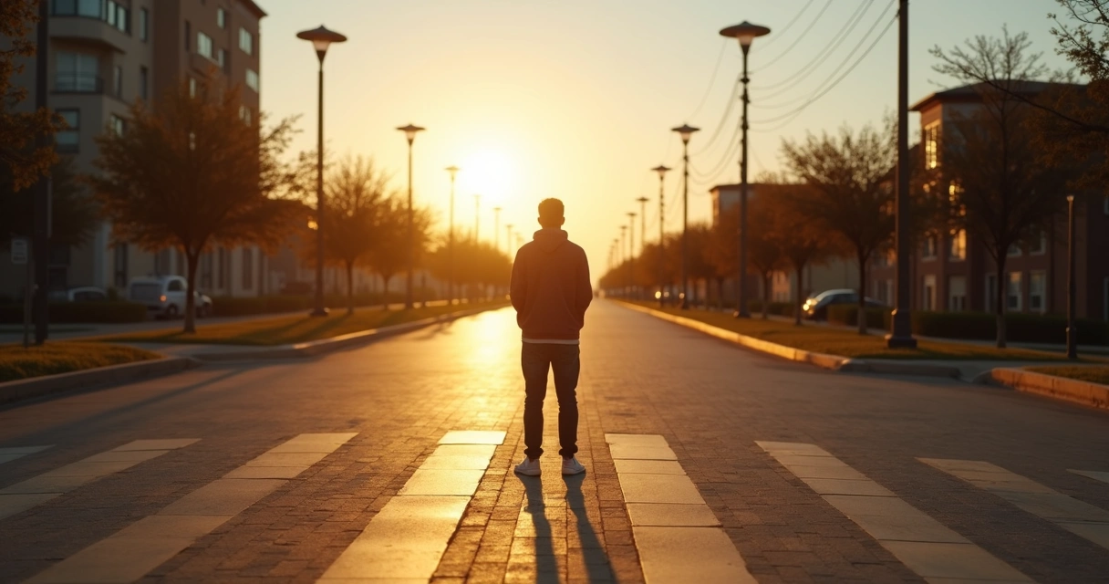 Person standing at a crossroads with long shadows at sunset