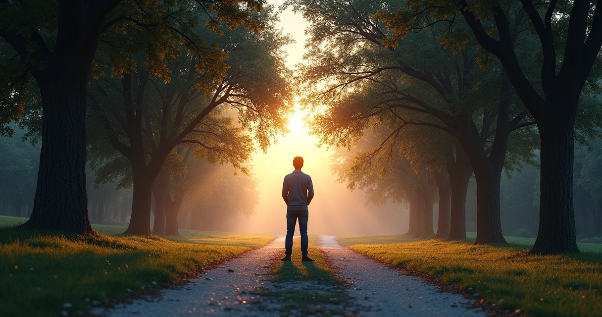 Person standing at a crossroads with light and shadow paths 