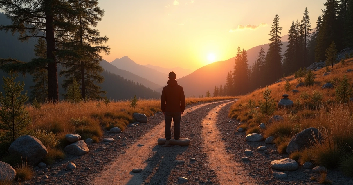 Person standing at a crossroads with stacked stones at sunset